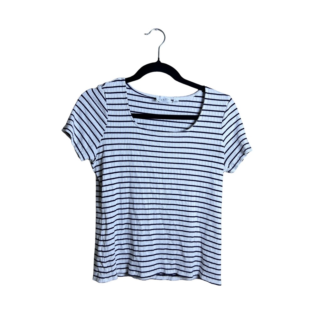 Cyrus Essentials‎ Womens Large White Navy Blue Striped Ribbed Scoop Neck Tee Top